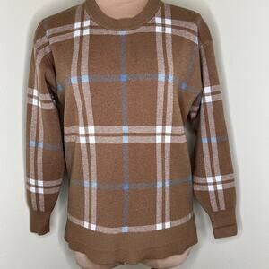 Tahari Sweater Small Womens Brown Plaid Ponte Knit Crew Neck Blue 3/4 Sleeve New